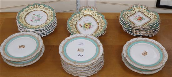 A 19th century Staffordshire floral painted dessert service and a turquoise and gilt bordered part dessert service marked Ch. Pillivuyt